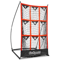 an orange and black baseball batting cage with numbers on the front, four balls in each net