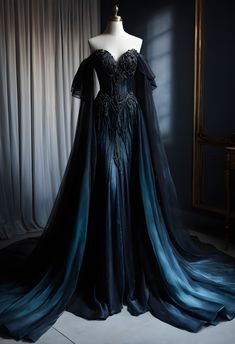 Dark Gowns Evil Queens, Unconventional Prom Outfit, Gothic Evening Dress, Evil Queen Dress Gowns, Goth Evening Gown, Gothic Evening Gown, Goth Fantasy Dress, Dark Blue Fantasy Dress, Black Ball Gown Prom Dresses