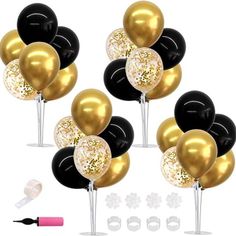 black, gold and white balloons with glitter on them