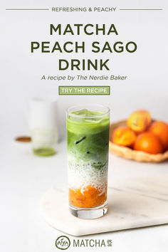 the cover of matcha peach sago drink, with oranges in the background