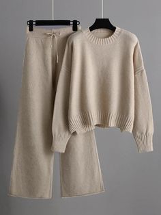 Urban Loose Long Sleeves Solid Color Round-Neck High-Low Sweater Tops & Wide Leg Pants Suits Knit Loungewear, Casual Weekend Outfit, Wide Leg Pant Suit, Work Pants Women, Loose Fit Sweater, Oversize Pullover, Lounge Outfit, Casual Chique, Pullover Outfit