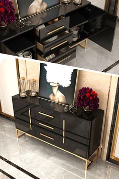 there are two pictures of a black and gold sideboard with flowers on the top