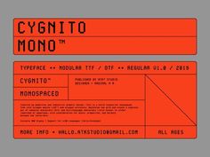 an orange and black poster with the words cygnitto mono