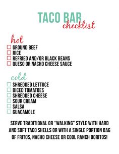 the taco bar checklist is shown in red and green with black lettering on it