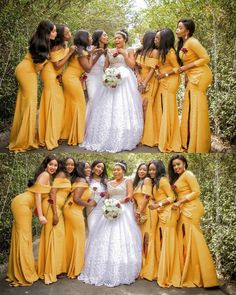 a group of women in yellow dresses posing for the camera