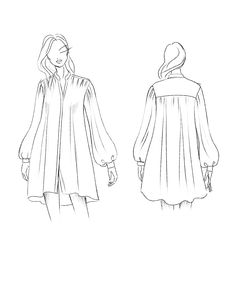 a drawing of a woman's dress and coat, from the back to the front