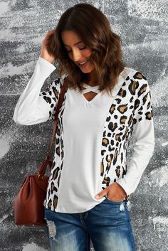 Leopard Splicing Criss Cross V Neck Blouse Fall V-neck Top With Splicing Details, Fall V-neck Spliced Tops, V-neck Splicing Top For Fall, V-neck Spliced Top For Fall, Chic Fall Tops With Splicing, Fall Blouse With Splicing Details, Casual Splicing Blouse For Fall, Casual Spliced Blouse For Fall, Chic Fall Blouse With Splicing Details