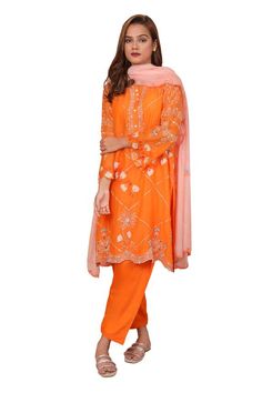 Orange kurta with thread embroidered floral vine motifs, applique work and cutwork. Comes with salwar and scallop border dupatta. - Aza Fashions Mithila Palkar, Scallop Border, Salwar Pattern, Applique Work, Kareena Kapoor Khan, Madhuri Dixit, Luxury Sale, Floral Vine, Mother Of Pearl Buttons