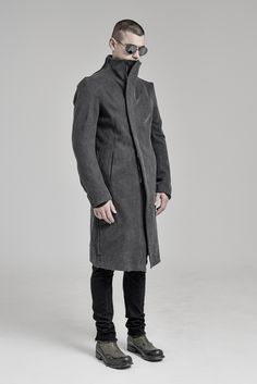 "PHANTOM NEUTRAL GREY WASHED DENIM COAT __SLIM FIT __RAW HEM __ZIPPER CLOSURE __WASHED HEAVY DENIM __2 FRONT POCKETS __1 INTERIOR POCKET __1 REAR POCKET __ARM SHAPED SLEEVES __SCAR STITCHED SLEEVE DETAILS __FULLY LINED model__ chest 103 (40.5\"), waist 77 (30.3\"), hips 96 (37.8\"), biceps 35 (13.8''), height 180 (5'11\"), kg 74 (163 lbs) model wears size M | color: neutral grey, black lining fabric__ 100 washed heavy denim, lining: 100 cotton care__ dry clean sizing__ size XS (IT 44, US 34, JP Gray Cotton Outerwear With Stand Collar, Fitted Outerwear With Pockets And Stand Collar, Fitted Long Coat With Pockets, Casual Fitted Long Pea Coat, Fitted Urban Cotton Outerwear, Fitted Cotton Urban Outerwear, Fitted Long Coat Casual Outerwear, Casual Fitted Pea Coat With Pockets, Fitted Casual Long Coat