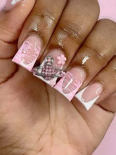 This nail art consists of duck french tip with pink gel brushed over, as well as a couple of flowers and a planet charm to top it off 😍. Light Pink Duck Nails, Duck Nail Designs With Charms, Duck Nails With Charms, Retro Nails, Acrylic Nail Set, Hello Nails, Pink Gel