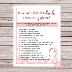 a printable question card with the words how well does she know her bride?