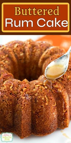 a close up of a bundt cake on a plate with a spoon in it