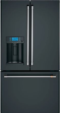 a black refrigerator with water dispenser and coffee maker on the front door