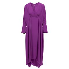 Maxi dress with long sleeves, wide cuffs and 'V' neckline and scarves which can be tied on the back of the neck, made in metallic fabric. Dry clean only. Maxi Dress With Long Sleeves, Purple Maxi Dress, Purple Maxi, Dress With Long Sleeves, Metallic Fabric, Wide Cuff, Independent Designers Fashion, Shirt Sale, Deep Purple