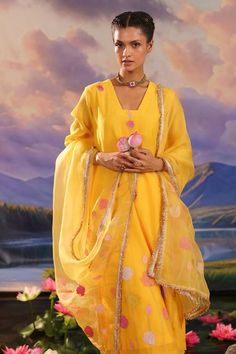 Yellow mul chanderi kurta with floral and zari embroidery. Comes with pant and an organza dupatta. - Aza Fashions Chanderi Palazzo Set With Gota Work, Traditional Chanderi Palazzo Set With Gota Work, Traditional Drape Chanderi Palazzo Set With Gota Work, Eid Chanderi Palazzo Set With Gota Work, Cotton Silk Palazzo Set With Resham Embroidery For Festivals, Cotton Silk Palazzo Set With Dori Work For Festivals, Chanderi Palazzo Set With Sheer Dupatta For Navratri, Designer Cotton Silk Palazzo Set With Dupatta, Festival Cotton Silk Palazzo Set With Resham Embroidery