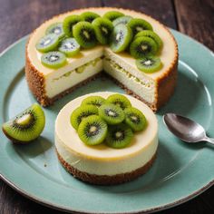 a cheesecake with kiwi slices cut out on a plate next to a spoon