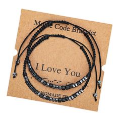 PRICES MAY VARY. Size and Material: The morse code bracelets for women are made of Black Hematite Beads and black handmade textile wax rope, The morse code bracelets for women are waterproof, durable, and comfortable. Also, the morse code bracelets for women are adjustable bracelets, bracelets Size of About 15-26cm/5.9inch-10inch, beads：2mm. The I Love You String Bracelets are designed to leave on daily wear including baths. Perfect Gift Choice: The adjustable couples matching bracelets are a th Morse Code Bracelets, Code Bracelets, String Bracelets, Gifts For Couples, Thoughtful Gifts For Her, Handmade Jewelry Bracelets, Morse Code Bracelet, Inspirational Bracelets, Black Leather Bracelet