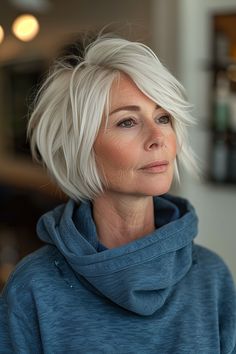 A woman with an airy, icy blonde layered bob. Chin Length Textured Haircuts, Shaggy Grey Hairstyles, Short Textured Bob Haircuts, Icy Cool Blonde Hair Color, Messy Long Pixie, Chin Length Layered Hair, Stacked Bob Haircut For Fine Hair, Bob Hairstyles Over 50, Hot Mom Haircut