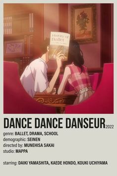 a woman sitting at a table with a book in her hand and the words dance dance danseur on it