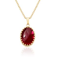 "Large Red Stone Necklace features an oval 18 x 13 mm Lab Created framed in a ornate gold setting. Vintage feel meets modern designing. Also available in Sterling Silver. Ruby is the Birthstone for July and Gemstone for Celebrating 15th Anniversaries 💎 Metal - 14K Gold Filled or Sterling Silver 💎 Gemstone - Lab Created Ruby, 18 x 13 mm Oval, AA Quality 💎 Pendant Dimensions Width - 0.6\" Total Length - 1.2\" Width - 8mm Total Length - 29mm 💎 Chain Type - Rolo Chain 💎 Chain Type - 16\" / 18\" Large Ruby Necklace, Classic Ruby Necklace In Yellow Gold, Classic Yellow Gold Ruby Necklace, Ruby Oval Pendant In Yellow Gold, Classic Ruby Gemstone Necklace, Yellow Gold Ruby Oval Pendant Jewelry, Yellow Gold Ruby Oval Pendant, Formal Ruby Necklace With Oval Pendant, Ruby Birthstone Pendant Necklace In Yellow Gold