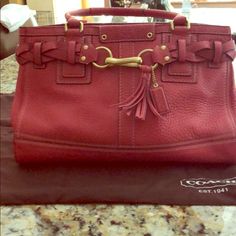 Red Leather Authentic Coach Handbag. Like New Except For Water Mark On Inside Of One Handle And Little Eat And Tear On Bottom Corner (See Phots). Designer Red Shoulder Bag In Soft Leather, Designer Red Soft Leather Shoulder Bag, Red Satchel With Handle Drop For Office, Red Leather Designer Satchel, Designer Red Leather Satchel, Designer Coach Shoulder Bag In Burgundy, Designer Coach Burgundy Shoulder Bag, Designer Coach Bag In Burgundy, Designer Burgundy Coach Shoulder Bag