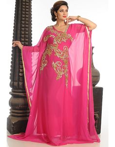 Diwali Embellished Long Sleeve Kaftan, Long Sleeve Embellished Kaftan For Diwali, Embellished Long Sleeve Kaftan For Diwali, Semi-stitched Long Sleeve Kaftan For Party, Long Pink Embroidered Kaftan, Long Embroidered Pink Kaftan, Long Sleeve Kaftan With Zari Work For Diwali, Pink Zari Work Kaftan For Party, Resham Embroidered Kaftan For Reception