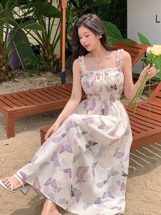 Women's Butterfly Printed Spaghetti Strap Dress With Cinched Waist, Summer Vacation Purple Boho  Sleeveless Woven Fabric Animal,Plants,Butterfly,All Over Print Cami Non-Stretch Summer Women Clothing, size features are:Bust: ,Length: ,Sleeve Length: Butterfly Print Clothes, Korean Floral Dress, Cute Dress Outfits, Mesh Bodycon Dress, Evening Gowns Elegant, Womens Floral Dress, Beauty Dress, Butterfly Dress, Spaghetti Strap Dress