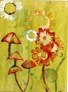 a painting with flowers and mushrooms on it