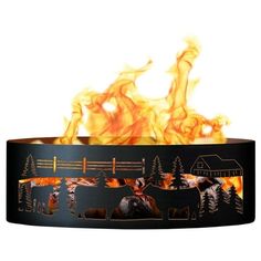 a fire pit with flames burning in the center and horses on it's sides