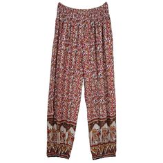 White Harem Pants with Traditional Red Floral and Elephant Motifs White Bohemian Harem Pants For Vacation, Bohemian Floral Print Full-length Pants, Bohemian White Printed Bottoms, Red Full-length Harem Pants For Spring, Bohemian Red Pants For Beach, Bohemian Red Pants For The Beach, Red Bohemian Pants For Beach, Red Bohemian Pants For The Beach, Cotton Bottoms With Floral Print For Festival