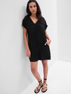 V-Neck Dress | Gap Factory Teacher Outfits, Black Shirt Dress, V Neck Dress, Tulum, T Shirt Dress, Gap, Shirt Dress, Short Sleeves, Stripes