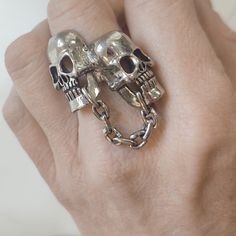 Awesome Vintage Designer Gorden Smith G&S Double Skull & Chain Biker/Goth Silver Oversized Ring- Size 8. The Two Skulls Are Connected With A Hanging Chain. Face Measures Approximately 1.75" X 1.5". Lots Of Markings Inside Of Ring! G&S For Gordon Smith, "9", And 1984. Oversized Ring, Chunky Silver Rings, Silver Skull Ring, Biker Jewelry, Shooting Star, Shooting Stars, Vintage Designer, Womens Jewelry Rings, Vintage Y2k