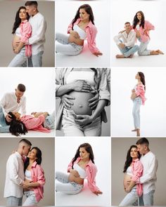 a man and woman are posing in different poses with their hands on each other's stomach