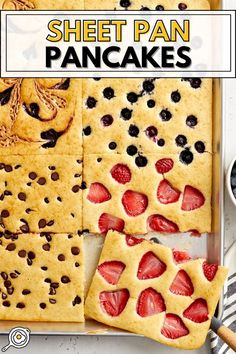 overhead photo of sheet pan pancakes with various toppings and recipe title block at the top. Pancakes For A Crowd, Homemade Pancake Batter, Healthy Sheet Pan, Sheet Pan Pancakes, Pan Pancakes, Make Pancakes, Pancake Toppings, Homemade Pancakes, Unsweetened Coconut Milk