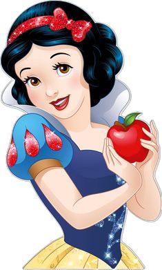 snow holding an apple in her hand and wearing a dress with red bows on it