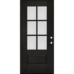 a black door with white glass and two sidelights on the top half of it