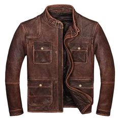 Mens Biker Cafe Racer Vintage Motorcycle Distressed Brown Cowhide Leather Jacket Brown Cafe, Distressed Leather Jacket, Brown Cowhide, Vintage Biker, Real Leather Jacket, Winter Jacket Men, Vintage Motorcycle, Genuine Leather Jackets, Brown Leather Jacket