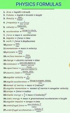 an image of a computer screen with the words physics formulas written in different languages