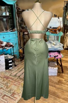 Satin Hollow Simple Dress Spring Satin Finish Maxi Dress For Night Out, Satin Maxi-length Slip Dress For Date Night, Satin Maxi Length Slip Dress For Date Night, Satin Slip Dress For Date Night, Maxi Length, Summer Satin Maxi Dress With Tie Back, Summer Satin Maxi Dress For Date Night, Satin Party Dress In Solid Color, Green Sleeveless Tie-back Slip Dress, Spring Satin Slip Dress, Maxi Length