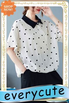 Artistic Retro Loose Polka-dot Blouse Summer Polka Dot Collared Blouse, Summer Polka Dot Collared Tops, Polka Dot Collared Summer Tops, Spring Polka Dot Blouse With Collar, Polka Dot Collared Top For Spring, Casual Polka Dot Collared Blouse, Casual Collared Blouse With Polka Dot Pattern, Casual Collared Blouse In Polka Dot, Polka Dot Blouse