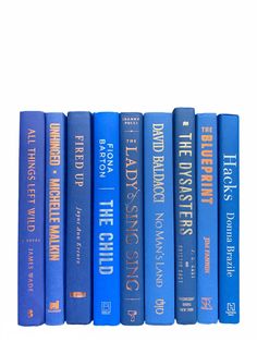 a row of blue books sitting on top of each other