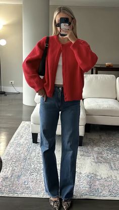 Layer Outfit Women, Everyday Outfits Colorful, Cardigan Over Shoulders Outfit, Red Button Up Cardigan Outfit, Chilly Outfit Ideas, Outfits For Mid 20s For Women, Christmas Jeans Outfits Women, Red Leather Jacket Outfit Casual, Red Cardigan Christmas Outfit