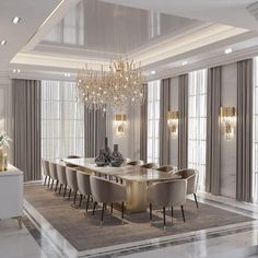 an elegant dining room with chandelier and marble table surrounded by beige upholstered chairs