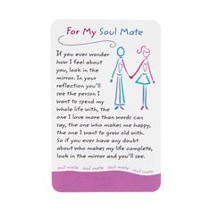 a card with an image of two people holding hands and the words for my soul mate