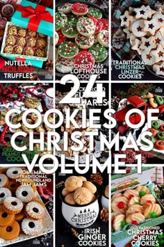 twelve christmas cookies are featured in this collage with the words, 24 cookies of christmas volume 1