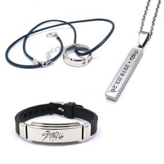 PRICES MAY VARY. Set includes: necklace, wrist strap and ring with rope, all made of stainless steel, hard and not easy to fade. Necklace: the diameter of the pendant is 5 * 5 * 28mm, and the chain length is 60cm. Wrist strap: stainless steel+silica gel, steel natural color, 22.5cm long, about 20g. Ring: the diameter of the inner ring is about (17.2~17.5) mm, the width is about 6 mm, and the thickness is about 1.5~1.8 mm. Our suits are all of the same star series, which are very suitable for boy Skz Necklace, Skz Jewelry, Skz Merch, Gifts Set, Ring Bag, Birthday Ring, Women's Jewelry Sets, Birthday Board, Silica Gel