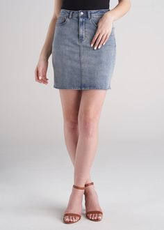 American_Tall_Women_Classic_Denim_Skirt_Vintage_Light_Blue-front High Rise Denim Blue Denim Skirt For Spring, High Rise Denim Blue Skirt For Spring, High-rise Denim Blue Skirt For Spring, High Rise Denim Blue Skirt, Light Wash Mid-rise Denim Skirt, High Rise Washed Blue Denim Skirt, Washed Blue High Rise Denim Skirt, Medium Wash Denim Short Skirt, Short Denim Skirt In Medium Wash