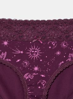 FIT Mid rise. Medium coverage. MATERIALS + CARE Cotton-blend knit fabric. 95% cotton, 5% spandex. Machine wash cold. Dry flat. Imported. DETAILS Scalloped wide lace waistband. The best plus size women's cotton mid-rise hipster lace trim panty panties in celestial space darkest plum made of cottonspan. Rock your look from Torrid to Festivals like Coachella and Lollapalooza, a concert, a show, or just for fun! Torrid is your destination for cozy fall and winter clothes to keep you warm and comfort High-waist Cotton Bottoms With Wide Waistband, High Waist Cotton Bottoms With Comfort Stretch, Comfort Stretch High Waist Cotton Bottoms, High Waist Comfort Stretch Cotton Bottoms, High Waist Cotton Bottoms With Ribbed Waistband, Cotton Bottoms With Wide Waistband For Loungewear, Cotton Bottoms With Wide Waistband And Relaxed Fit, Cotton Bottoms With Wide Waistband In Relaxed Fit, Fitted Wedding Dress