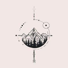 a drawing of mountains and trees with arrows in the middle, on a white background