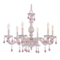 a chandelier with pink crystal drops hanging from it's center and four lights on each side